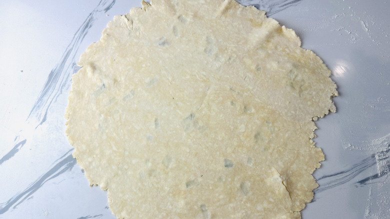 flattened dough on a kitchen counter