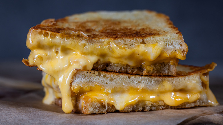 Halved grilled cheese sandwich with cheese melting out