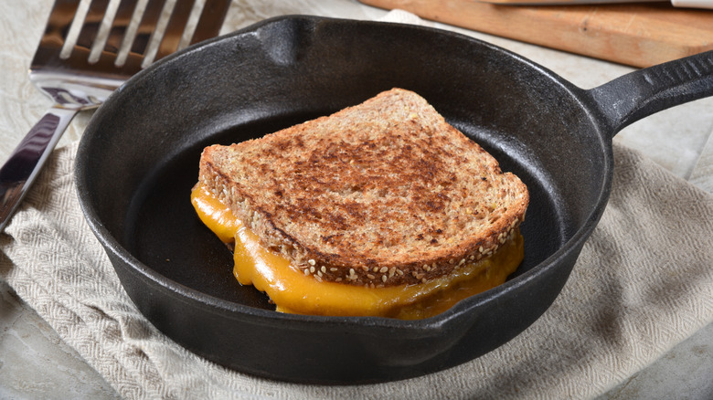 Grilled cheese sandwich in a cast iron skillet
