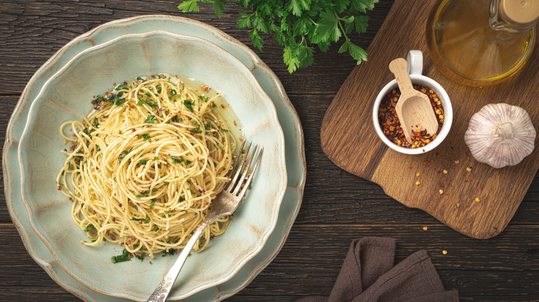Aerial shot of pasta with garlic and oil