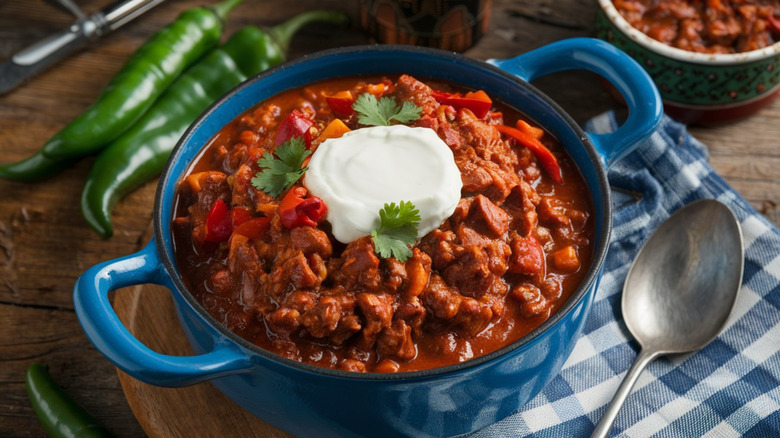 A blue ceramic bowl with handles filled with Texas red chili on a wood table with blue checkered cloth.