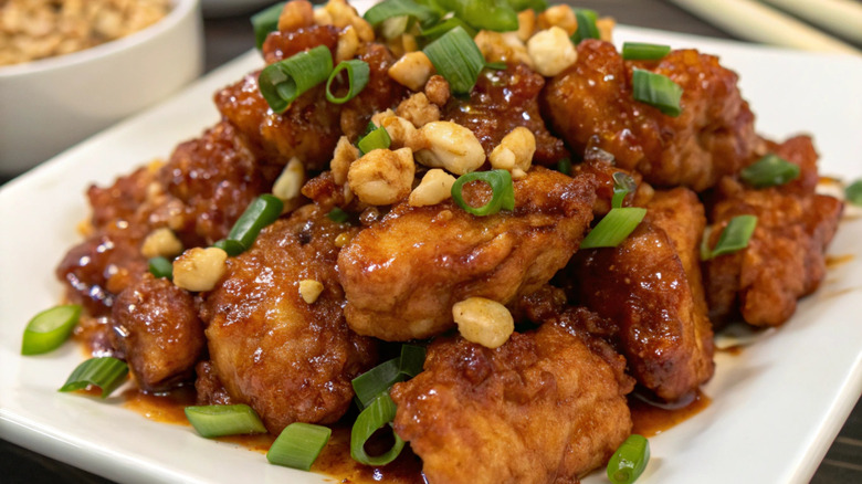 A close-up of a saucy fried chicken dish on a white square plate