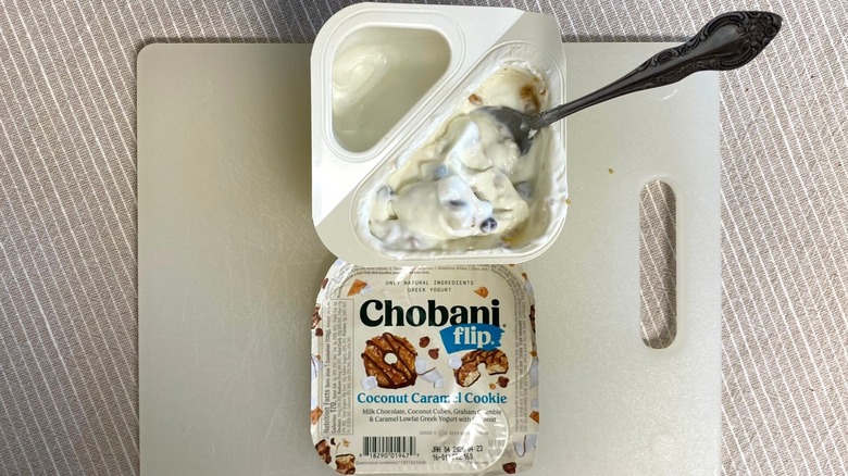 Coconut Caramel Cookie Chobani Flip on a table