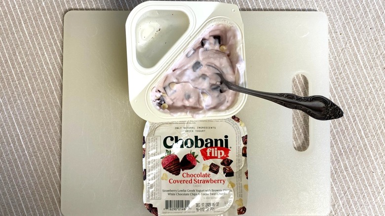 Chobani Flip chocolate-covered strawberry on a table