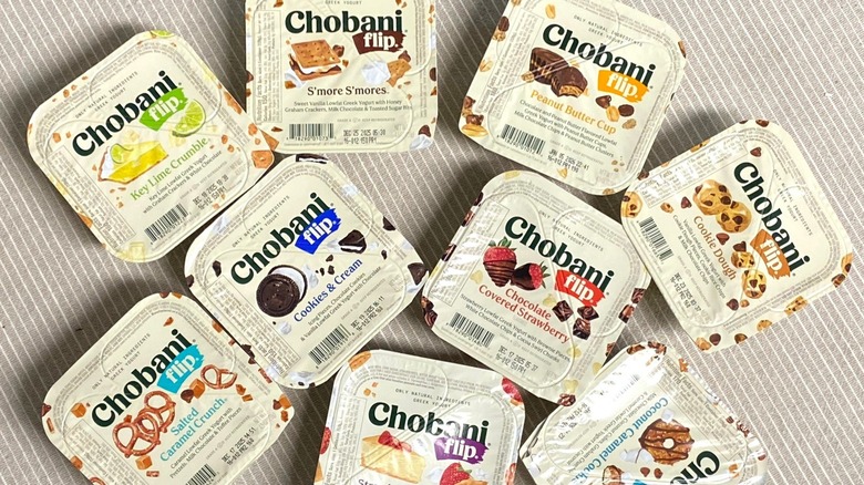 Chobani Flip flavors arranged on a table