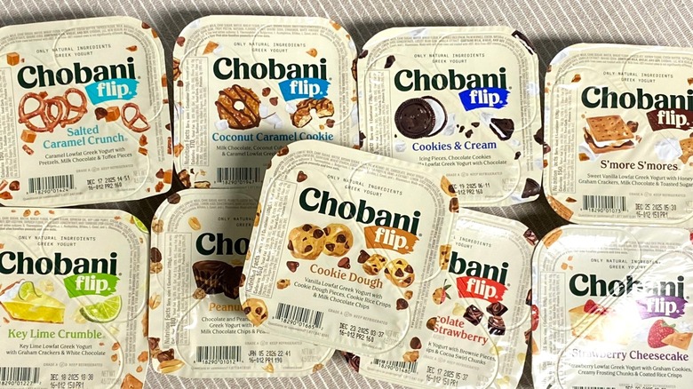 Chobani Flip flavors arranged on a table