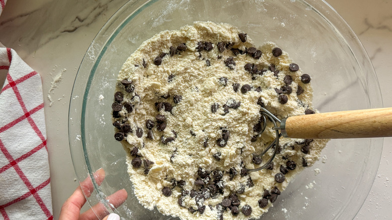 chocolate chips in bowl with flour