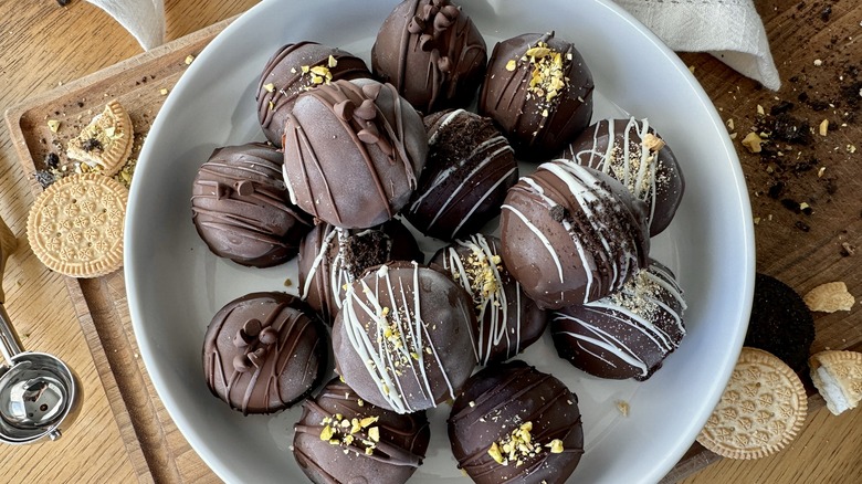 chocolate covered ice cream balls in bowl