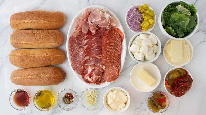 Ingredients for a chopped Italian sub sandwich