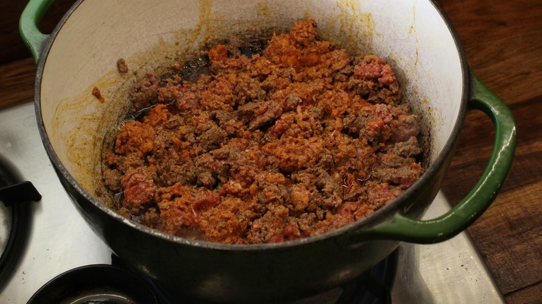 ground beef and chorizo cooking