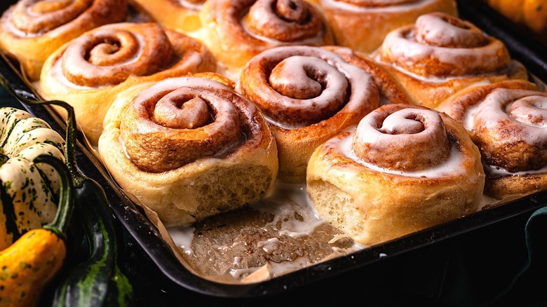 A pan of freshly baked cinnamon rolls with a milky glaze surrounded by various gourds