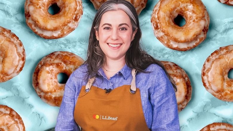 Photo of Claire Saffitz smiling in an apron superimposed over a background of glazed donuts