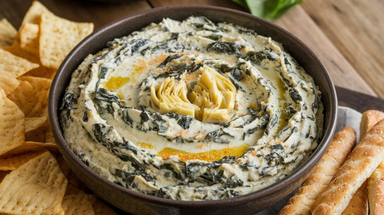 A bowl of spinach artichoke dip