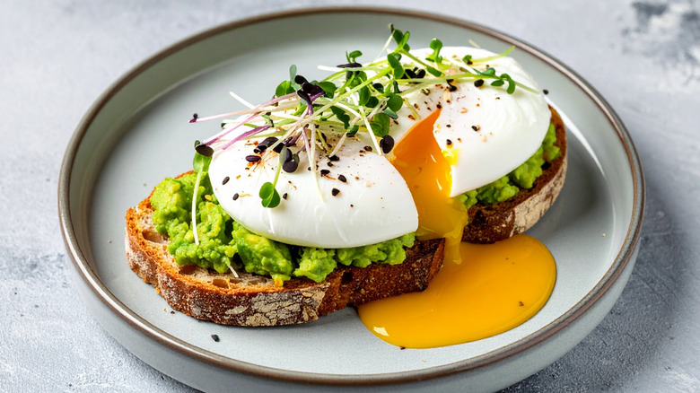 Avocado toast with poached egg and microgreens on white plate with brown rim