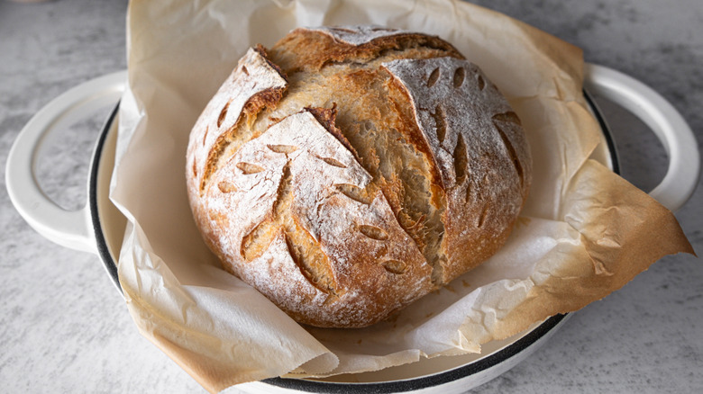 Sourdough loaf with scored crust on browned parchment paper in a cast iron bread oven base