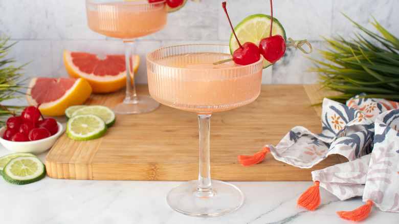 Side shot of garnished Hemingway daiquiris in coupe glasses