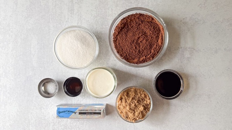 Classic hot fudge sauce ingredients on countertop