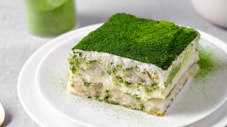 Matcha Tiramisu with a green exterior and green-flecked interior