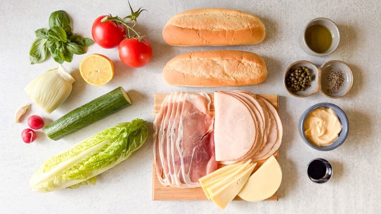 Italian-ish club sub sandwich ingredients on countertop