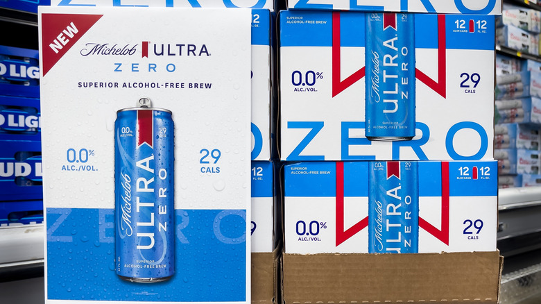 Michelob Ultra Zero cases on a store shelf.