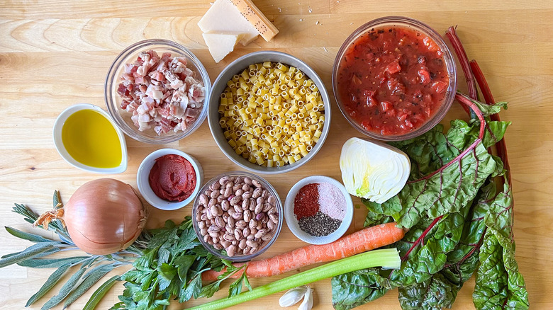 Classic pasta e fagioli ingredients on tabletop