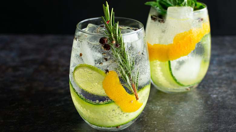 Two gin and tonics with spices, herbs, fruit, and vegetable garnishes