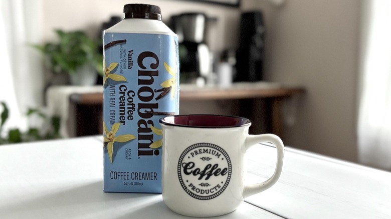 Chobani coffee creamer on countertop