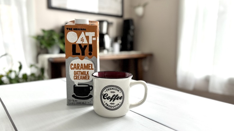 Oatly coffee creamer on countertop