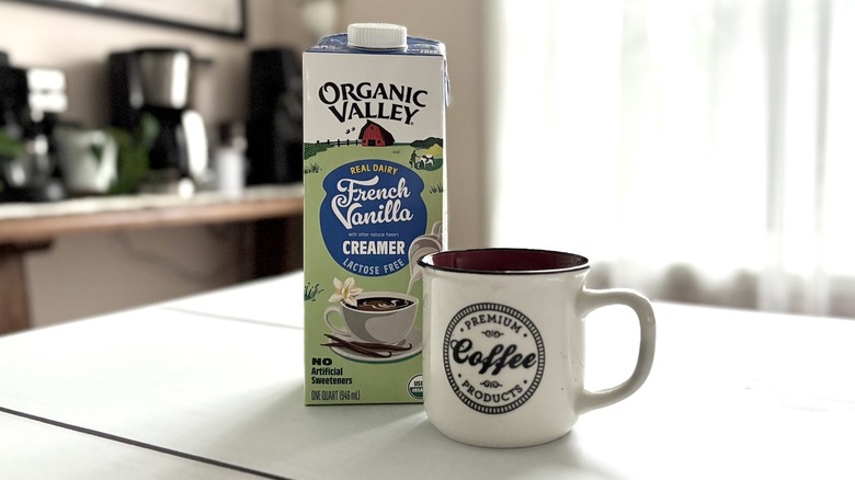 Organic Valley coffee creamer on countertop