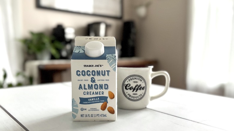 Trader Joe's vanilla coffee creamer on countertop
