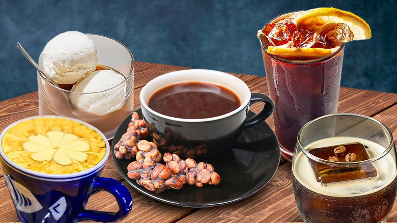 Variety of coffee drinks from around the world on table