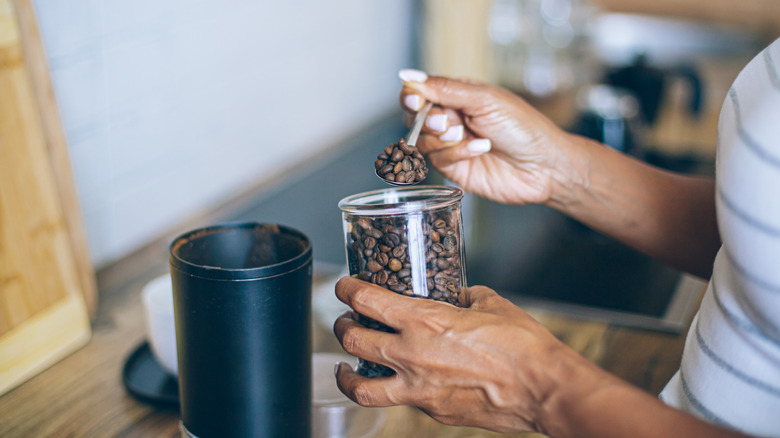 A hand transferring a spoonful of coffee beans into the grinder