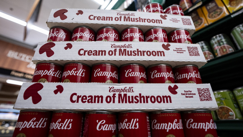 Cans of Campbell's cream of mushroom soup.