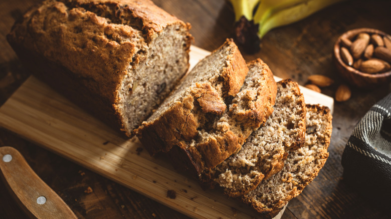 Slices of banana bread on a wood board