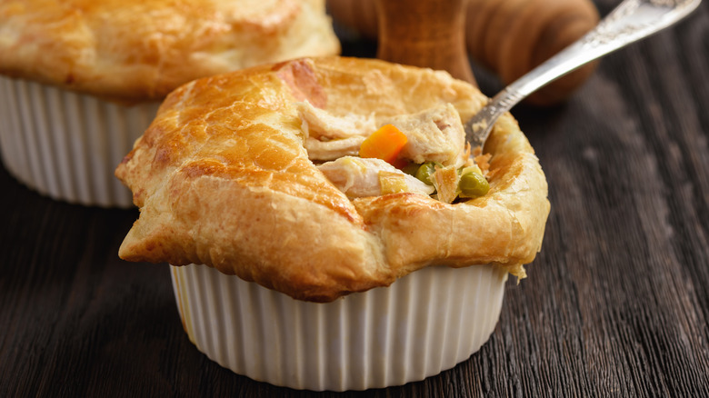 Chicken pot pie in a ramekin.
