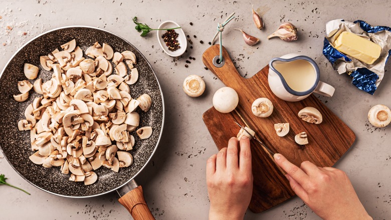 Chopped mushrooms in pan