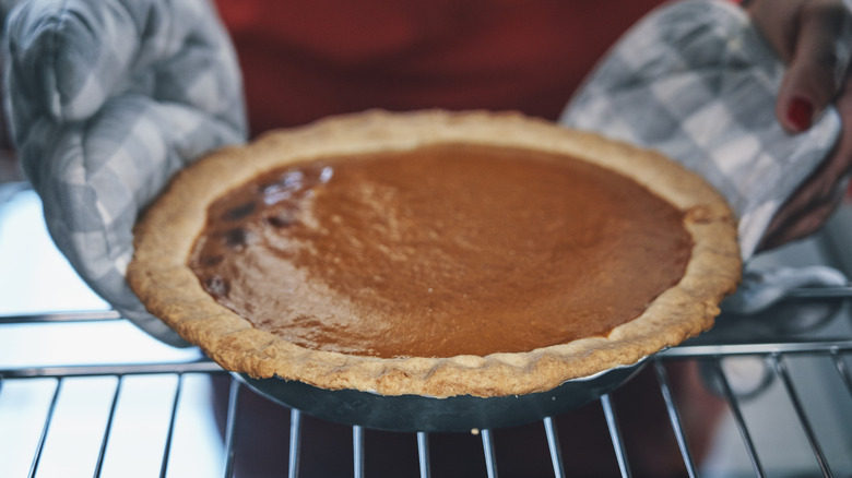 Person taking pie out from oven 