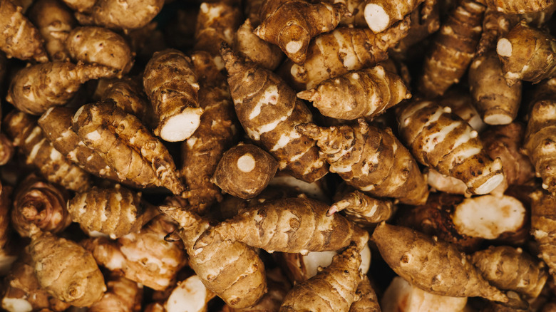 A close up of fresh jerusalem artichokes with the skin on
