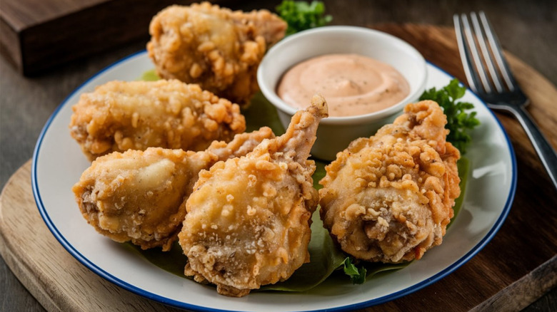 Prairie Oysters, also known as Rocky Mountain oysters, deep fried and served on a plate with dipping sauce and lettuce