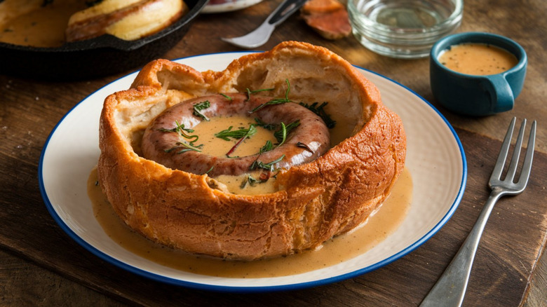 Toad in the hole: A British dish of sausages baked in a fluffy Yorkshire pudding batter, served with onion gravy.