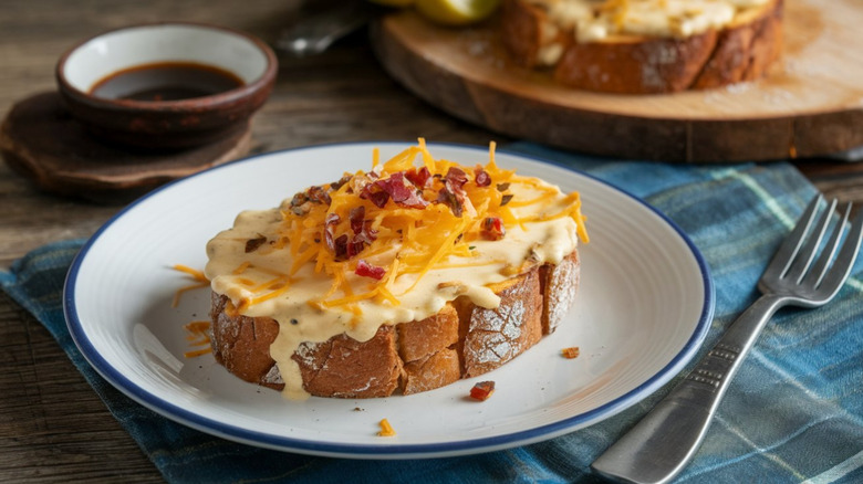 Welsh Rarebit: Savory melted cheese sauce flavored with ale or mustard, served on toast