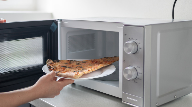 A plate with pizza on it being placed in a microwave
