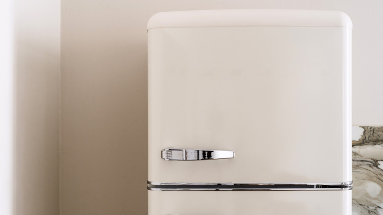 White vintage refrigerator in kitchen
