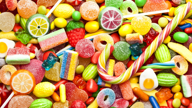 assortment of hard candies, including candy canes