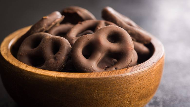 chocolate-covered pretzels in a bowl