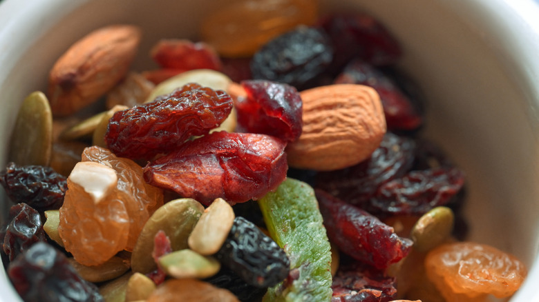 close-up of trail mix, including nuts and dried fruits