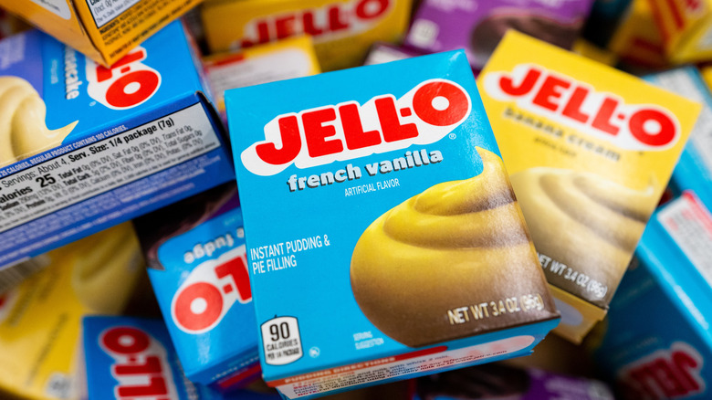 piled boxes of jell-o instant pudding mix