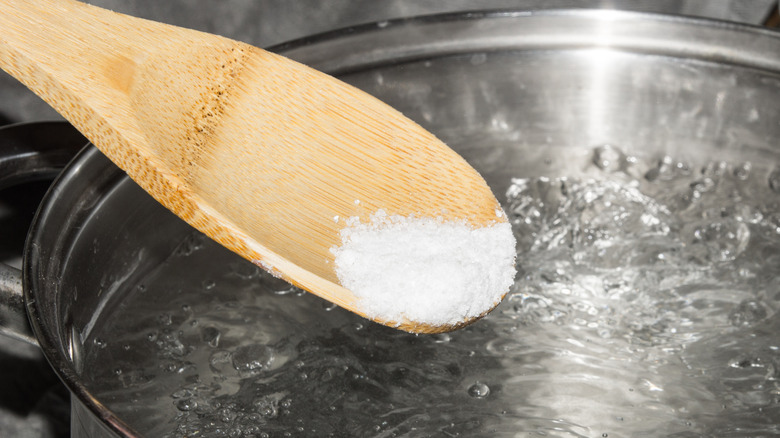 A wooden spoon holds salt over a pot of boiling water on the stove