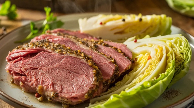 A plate of corned beef and cabbage.