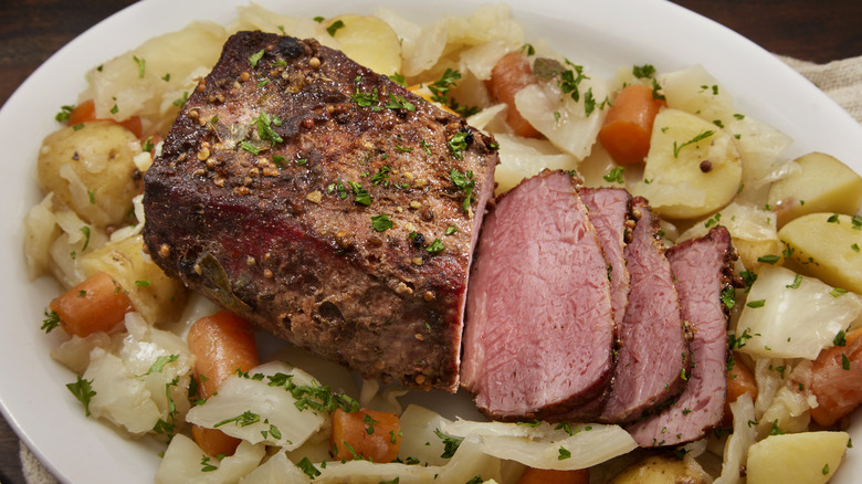 Corned beef and cabbage on a platter